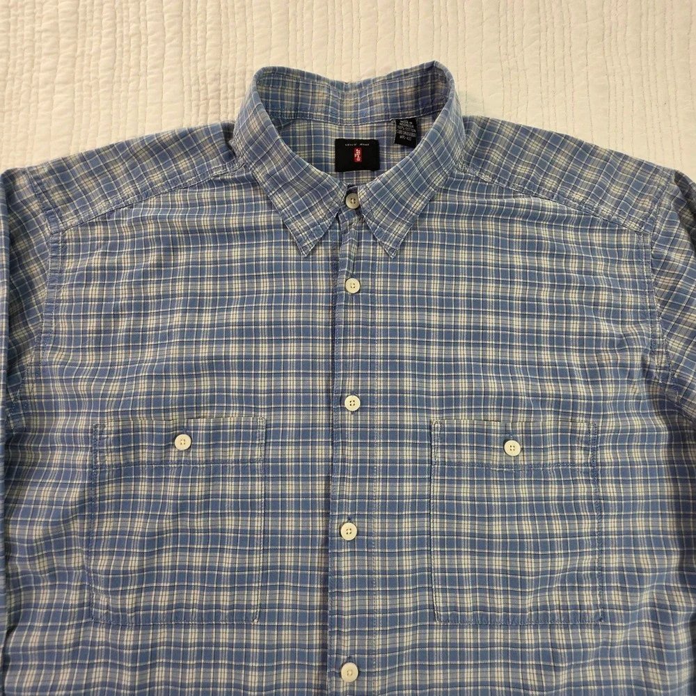 Vintage Levis Jeans Plaid Button Down Shirt Mens XL Blue White Y2K Oversize 1999